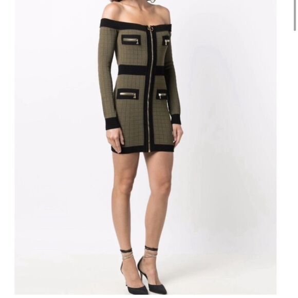 Balmain Off Shoulder Knit Dress Green - Picture 2 of 13